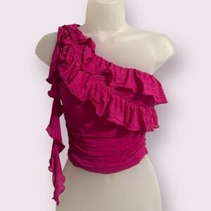 Crystal Sky One Shoulder Ruffle Blouse - Flirty Asymmetrical Top, Size XS